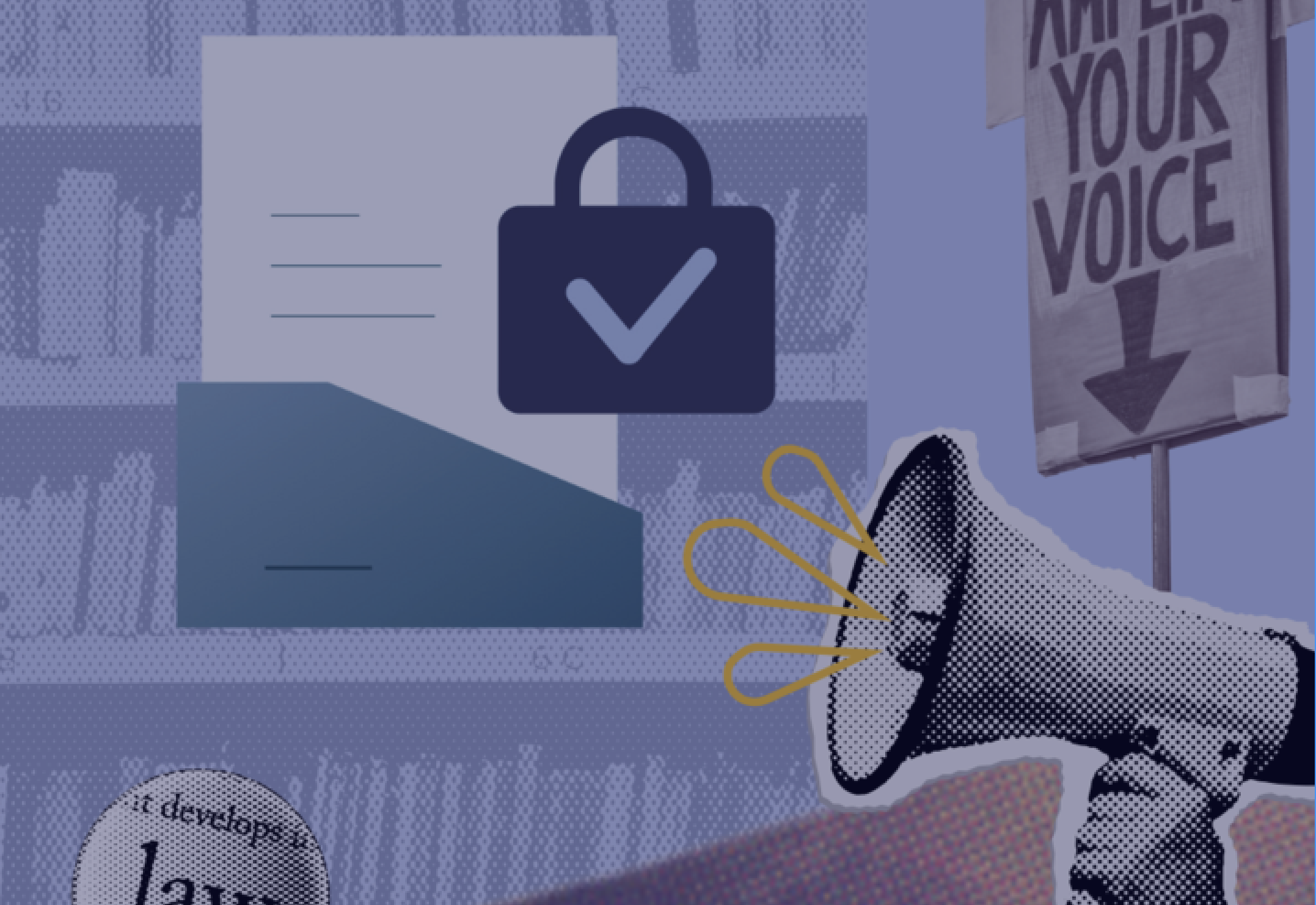 Collage of images including a bullhorn a lock with a checkmark on top and sign that says amplify your voice